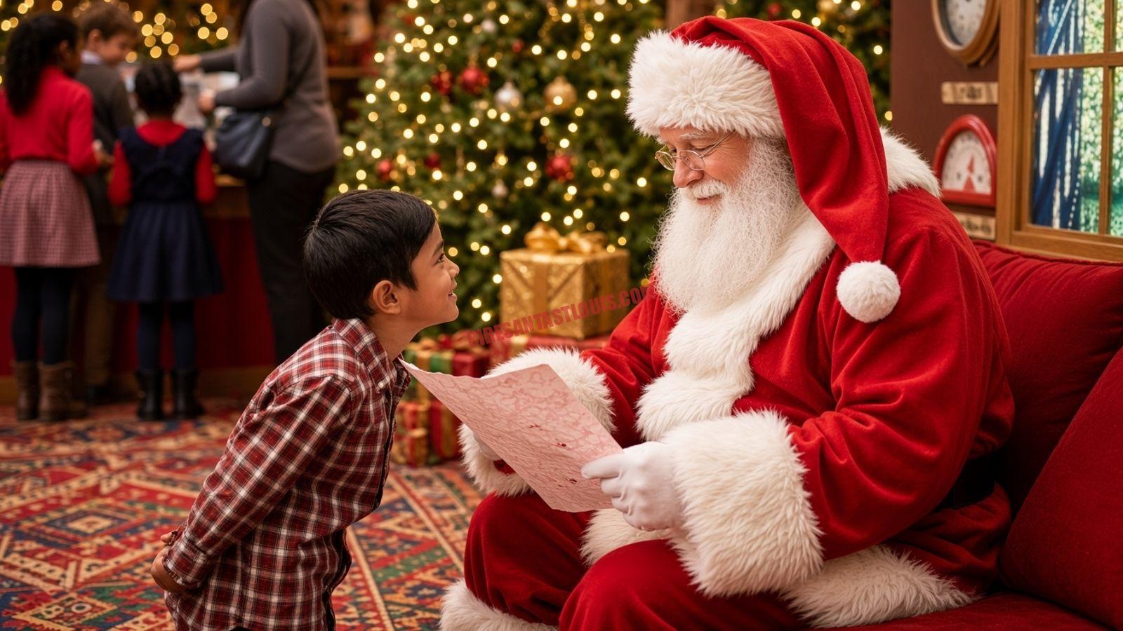 Professional Santa for hire in St. Louis reads a letter on a red couch with a child and a lit tree.